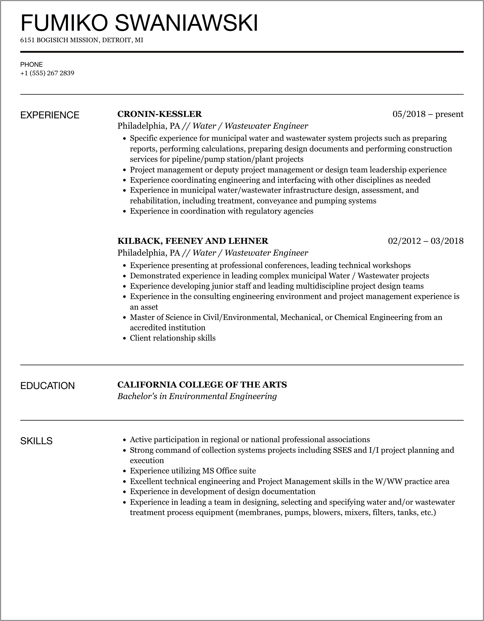 Water Treatment Project Manager Resume