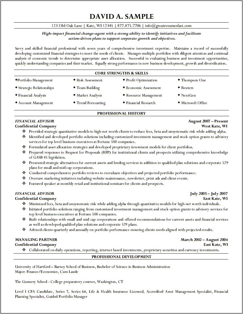 Wealth Management Associate Sample Resume