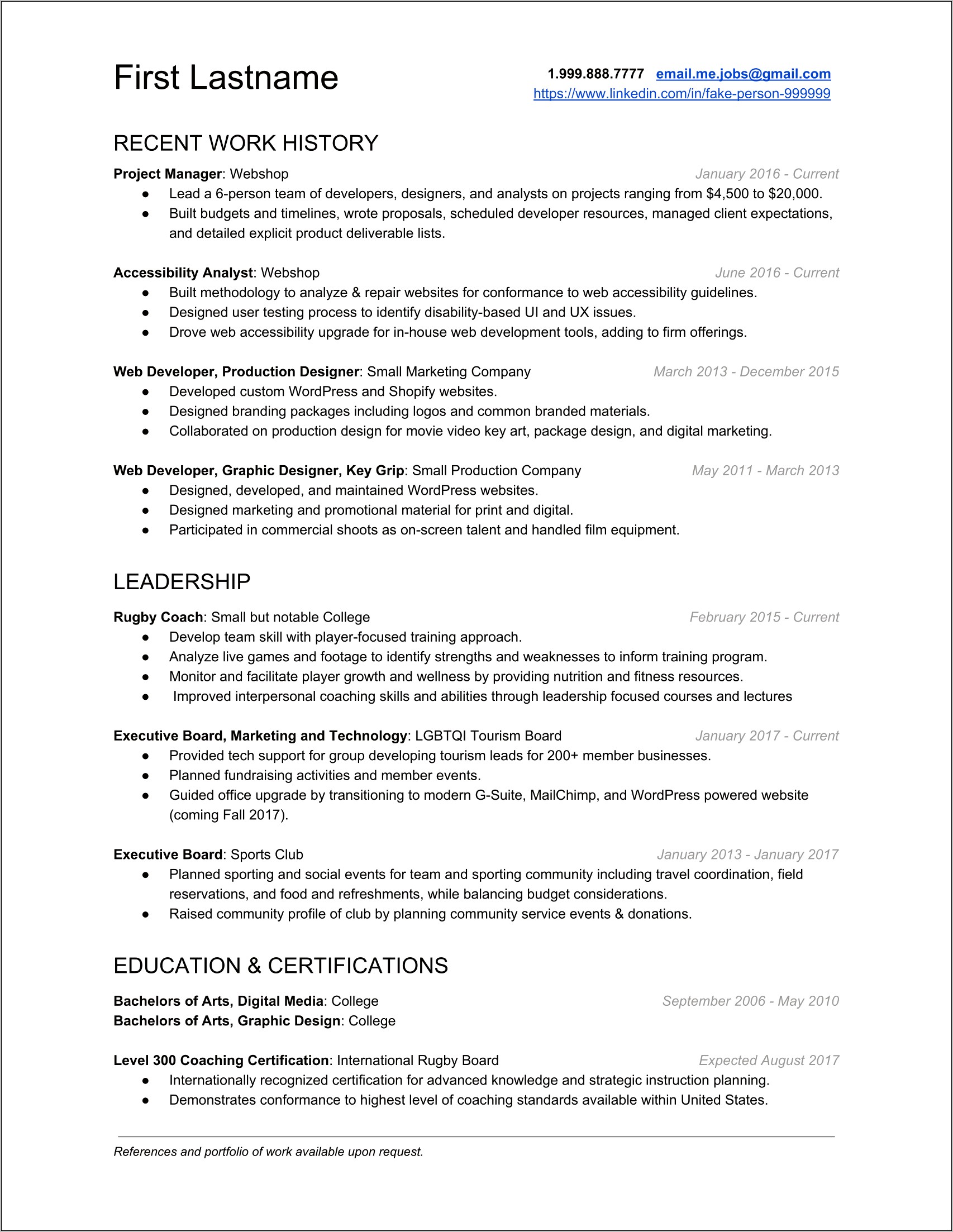 Web Design Project Manager Resume