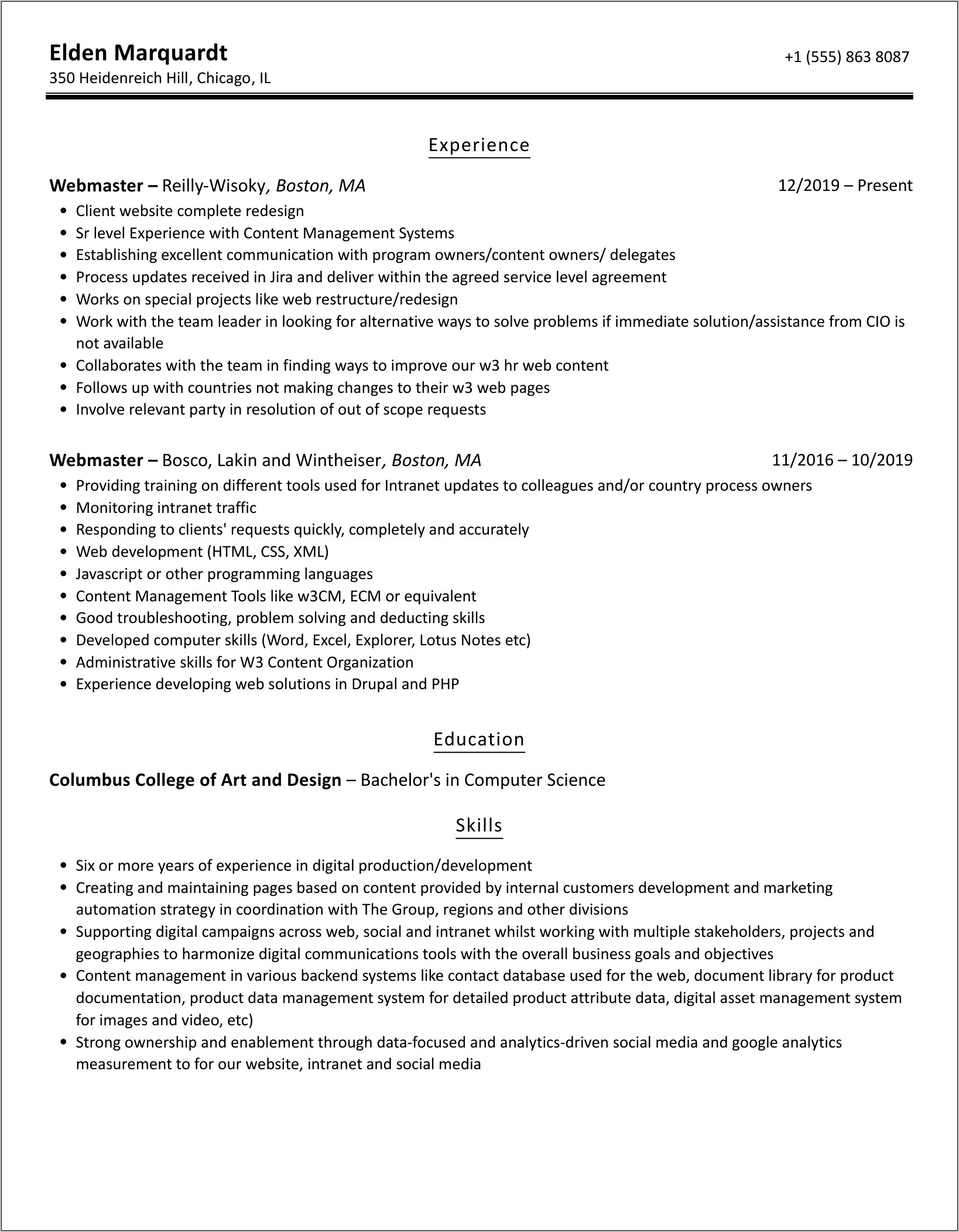 Webmaster Job Details For Resume