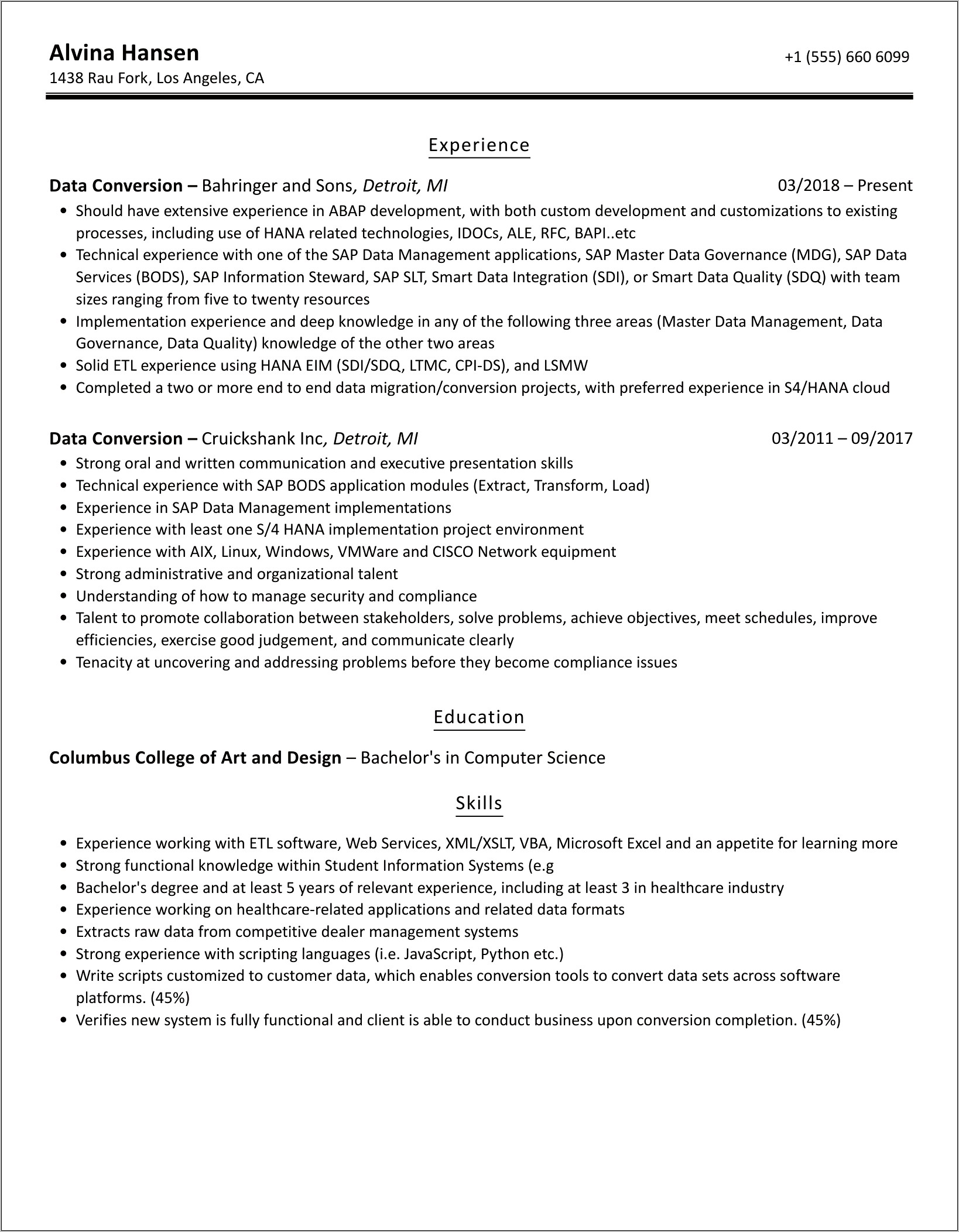 Workday Data Conversion Resume Example
