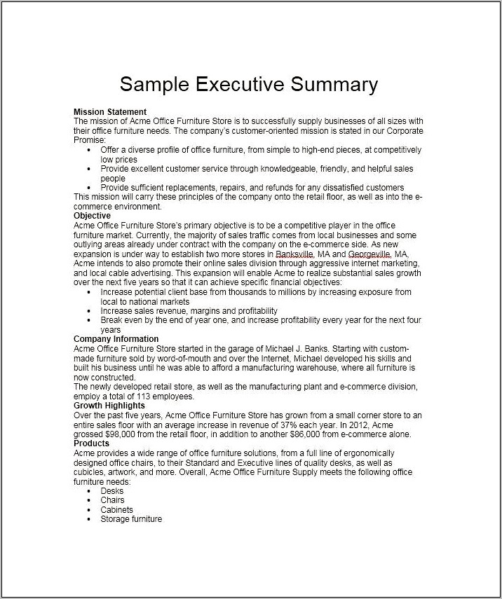 Write Executive Summary Sample Resume